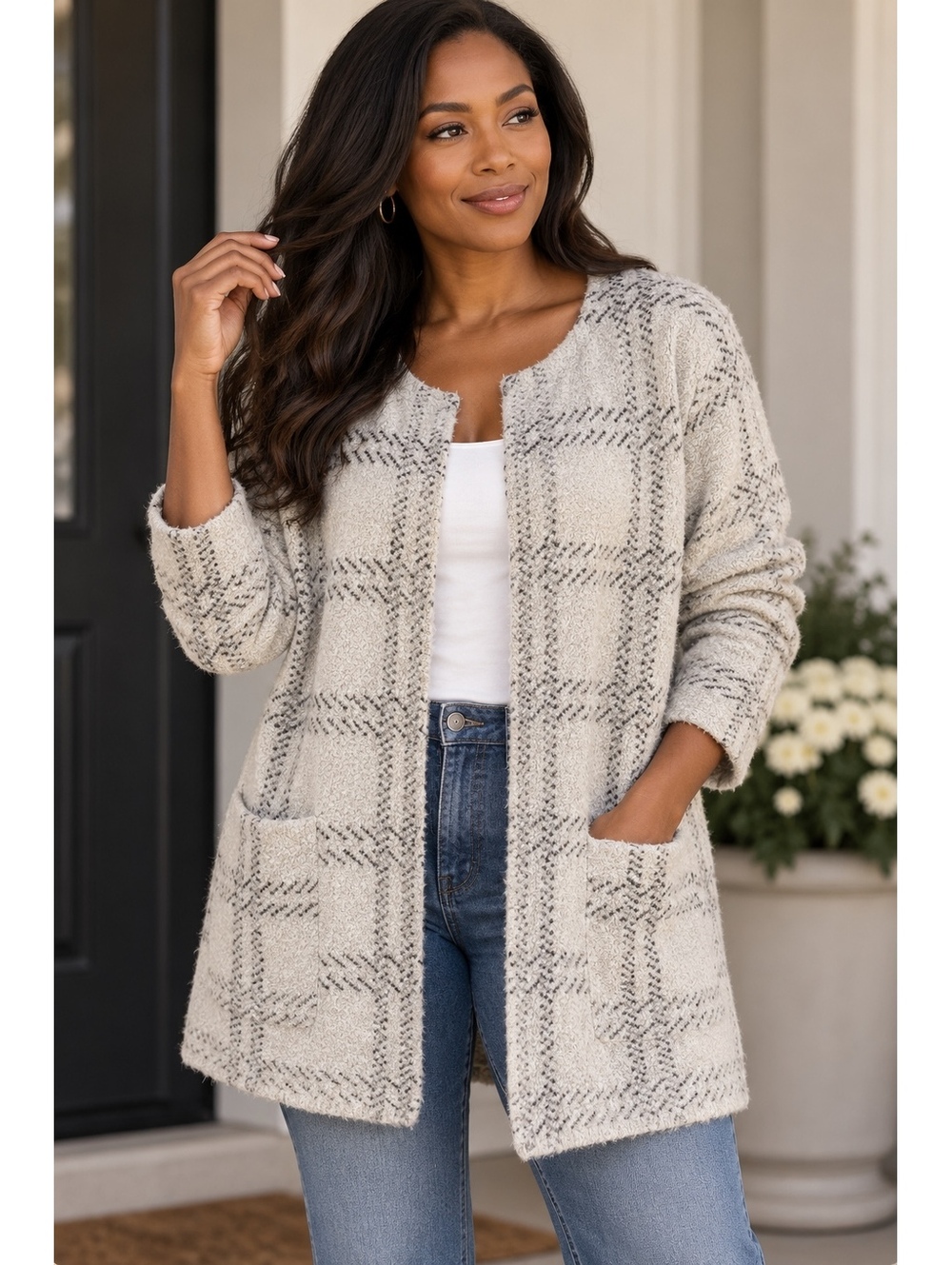 Retrology Fuzzy Plaid Open Front Cardigan Sweater Size M Cozy Soft